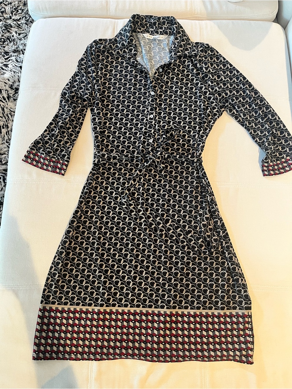 Max Studio Black & White Geometric Midi Dress with Maroon Trim